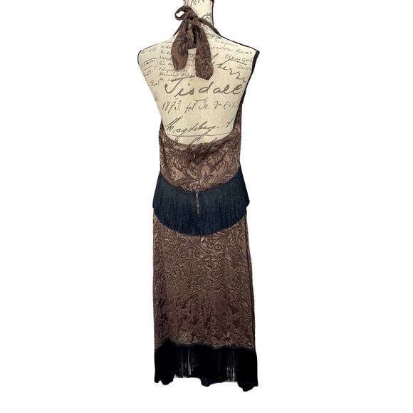 NEW Anthropologie Fringed Jacquard Velvet Halter Dress Brown / Black - Sz 14 - Picture 4 of 12